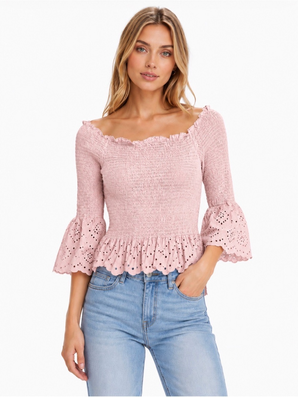 Express Women’s Smocked Eyelet Bell Sleeve Cropped Blouse Spring NWT Size M